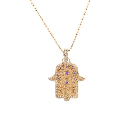 Necklace hamsa hand cc purple goldplated