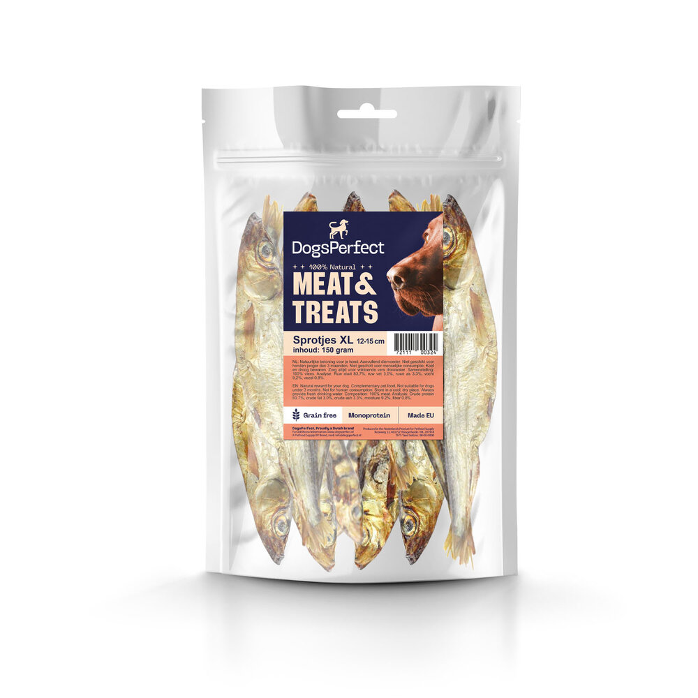 DogsPerfect DogsPerfect Pure Sprotjes XL 10 x 150gr DogsPerfect DogsPerfect Pure Sprotjes XL 10 x 150gr
