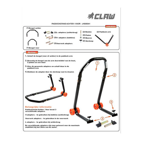Claw Claw Paddockstand Premium Achter / Voor (incl. V / L- adapters) Claw Claw Paddockstand Premium Achter / Voor (incl. V / L- adapters)