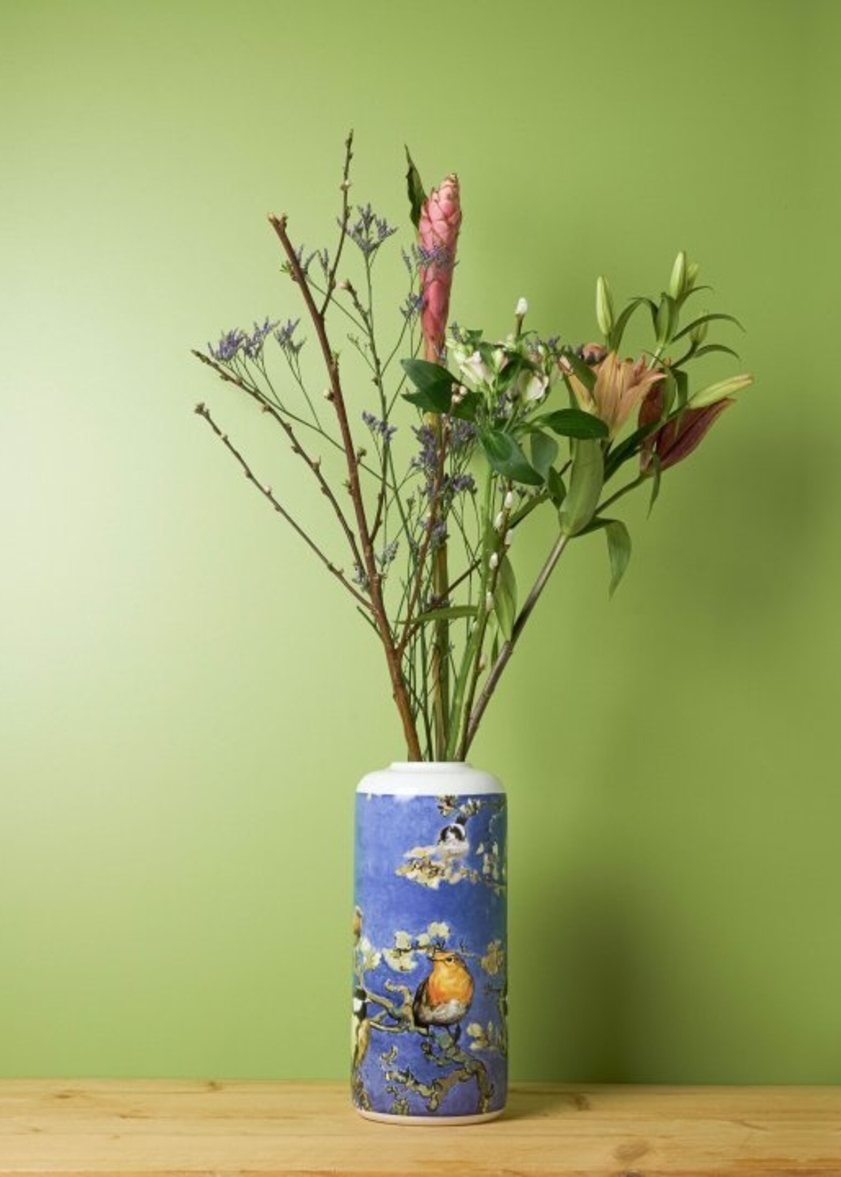 Heinen Delfts Blauw Cilinder Vaas Vogels van Gogh