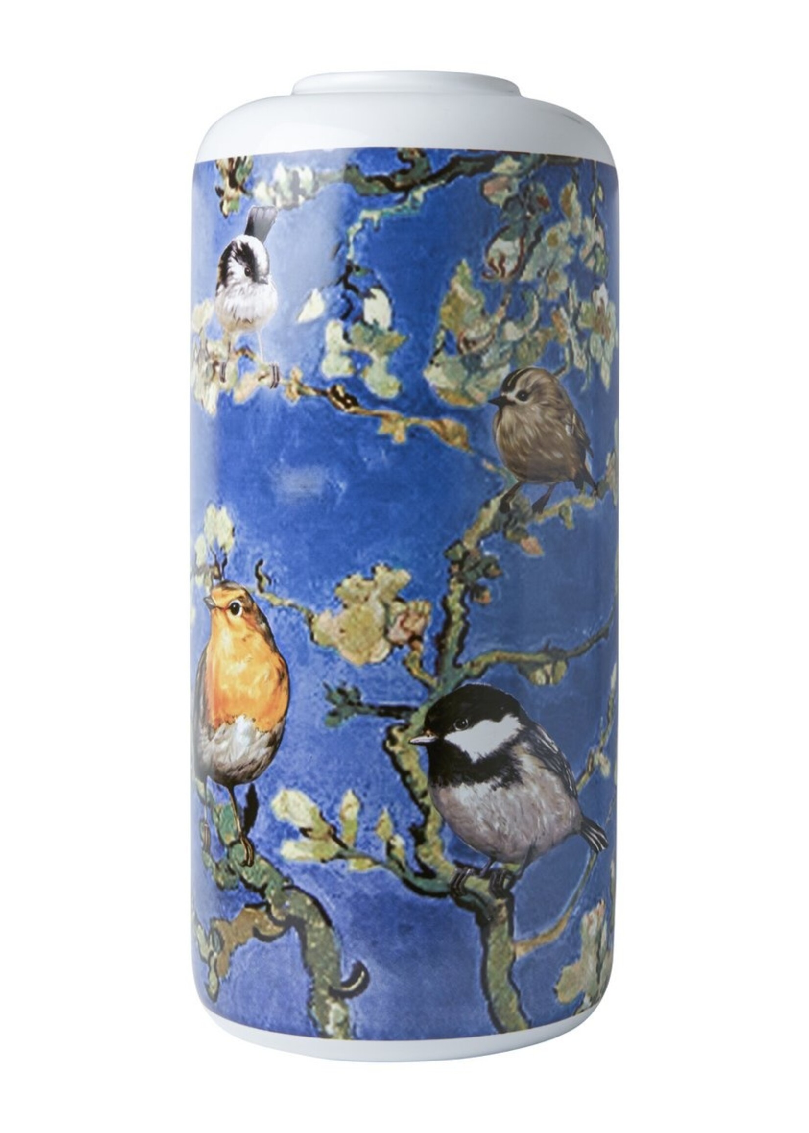 Heinen Delfts Blauw Cilinder Vaas Vogels van Gogh