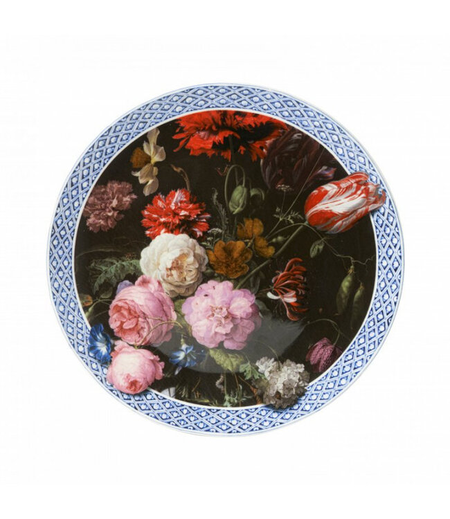 Heinen Delfts Blauw Bord Stilleven met Bloemen