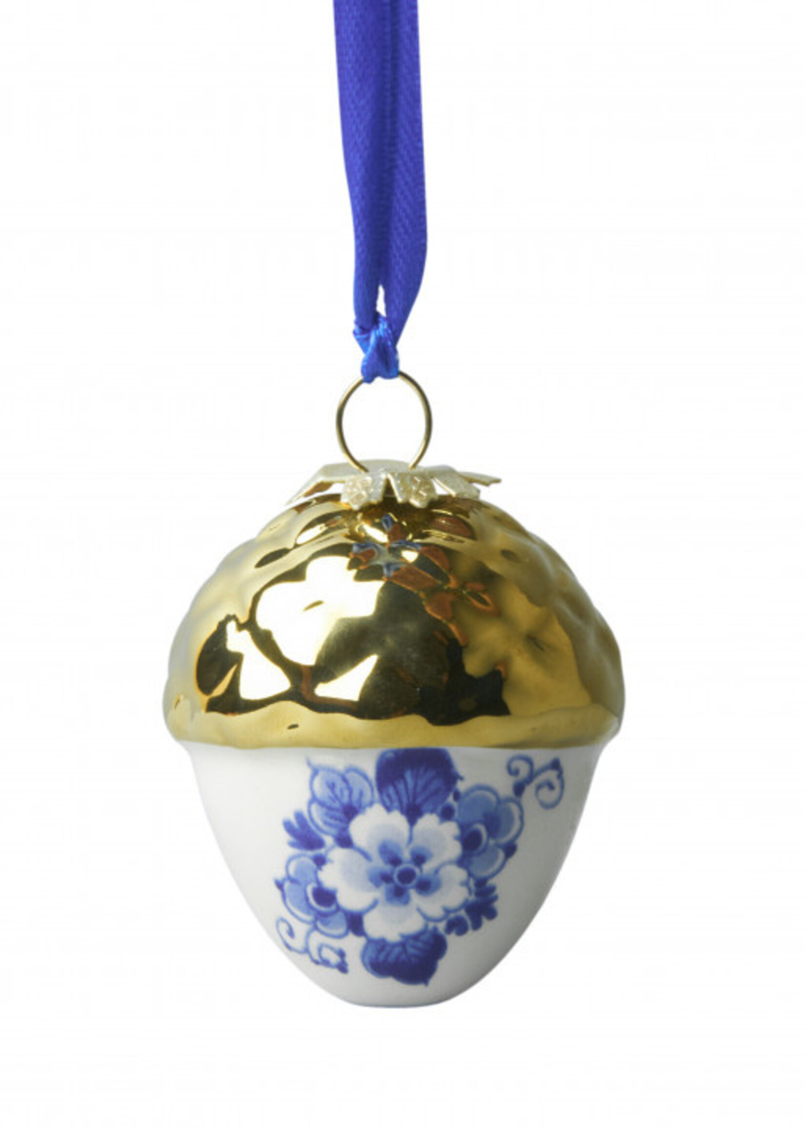 Heinen Delfts Blauw Noot met Gouden Dopje Kersthanger