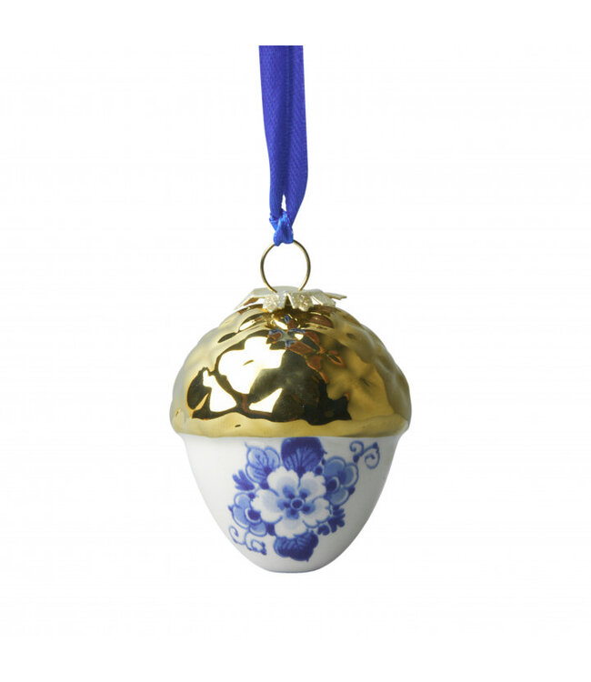 Heinen Delfts Blauw Noot met Gouden Dopje Kersthanger