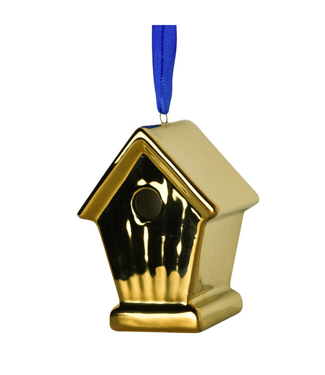 Heinen Delfts Blauw Kerstornament Vogelhuisje Goud