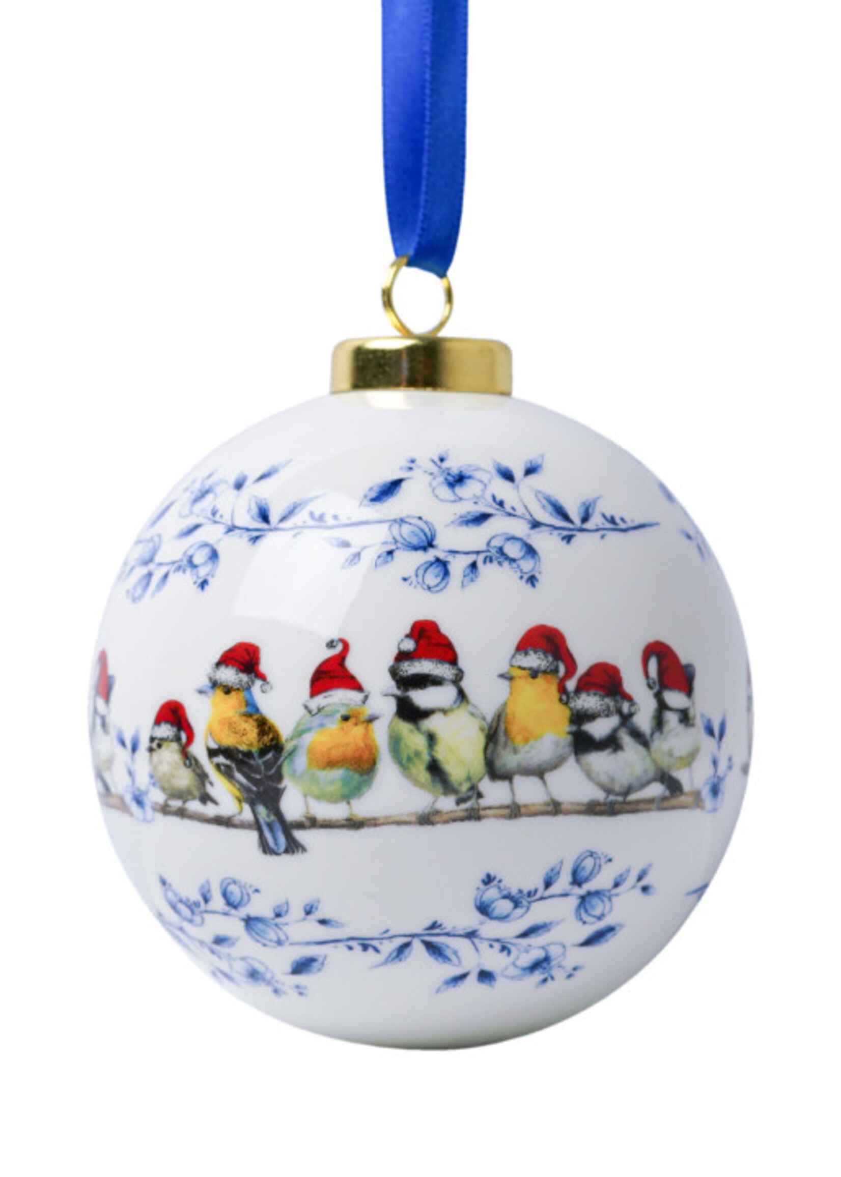 Heinen Delfts Blauw Kerstbal Bosvogels Muts