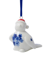 Heinen Delfts Blauw Kerstornament Vogel met Kerstmuts 2