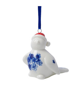 Heinen Delfts Blauw Kerstornament Vogel met Kerstmuts 2