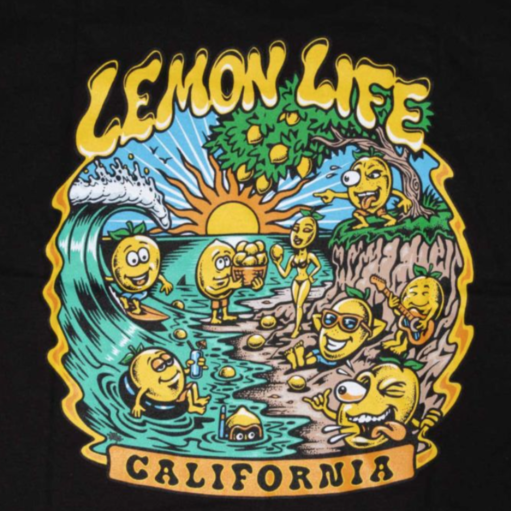 Lemon -Lemon Life Beach Scene Tree T Shirt - Black