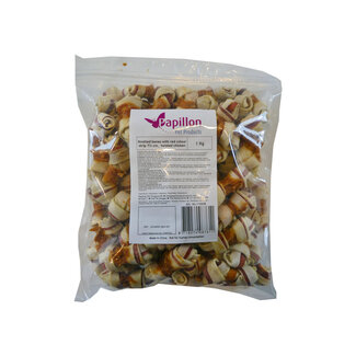Papillon Pet Products Geknoopte beentjes met kip omwikkeld en kleurstrip 7½ cm, 1 kg