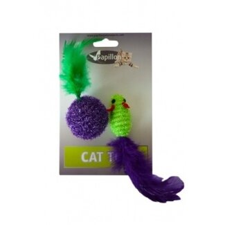 Papillon Pet Products Glitter mouse 5 cm and glitter ball 4 cm with feather on card