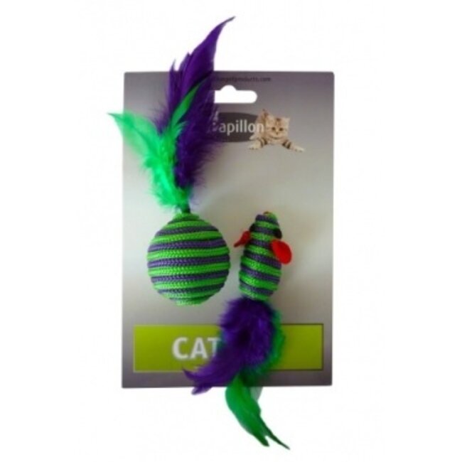 Mouse 5 cm and ball 4 cm with feather on card