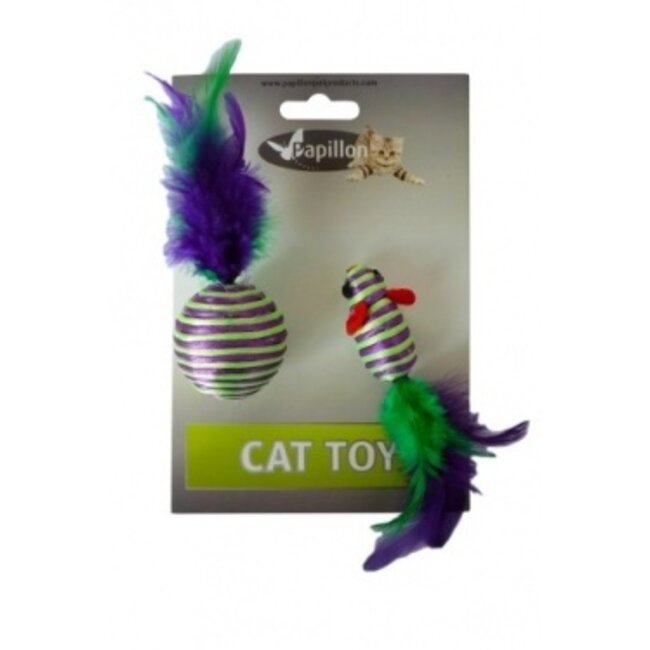 Mouse 5 cm and ball 4 cm with feather on card