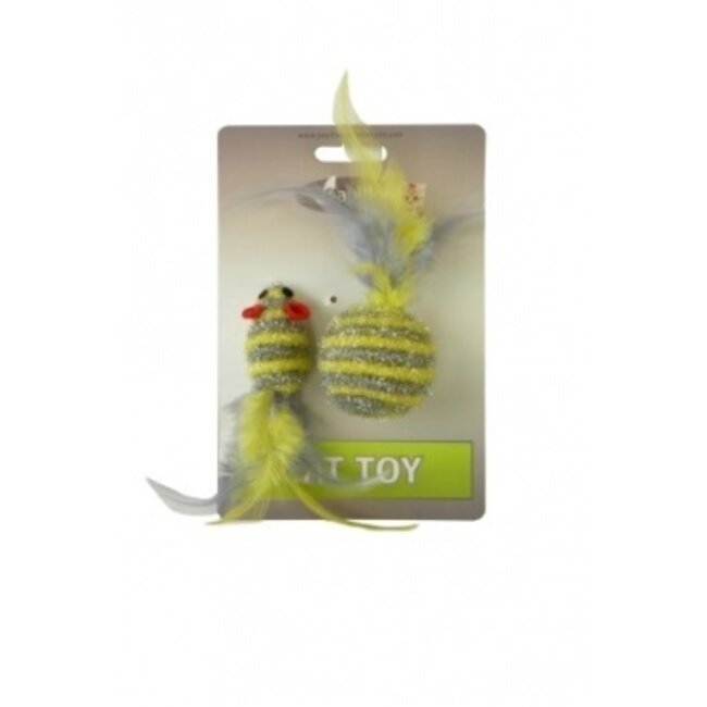 Glitter mouse 5 cm and glitter ball 4 cm with feather on card
