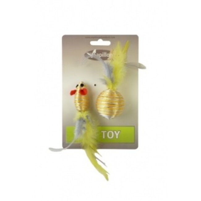 Glitter mouse 5 cm and glitter ball 4 cm with feather on card