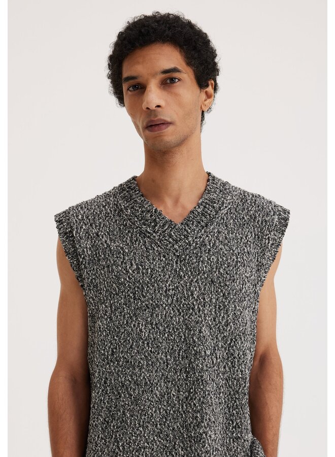V-Neck Mouliné Vest - Black Cream Melange