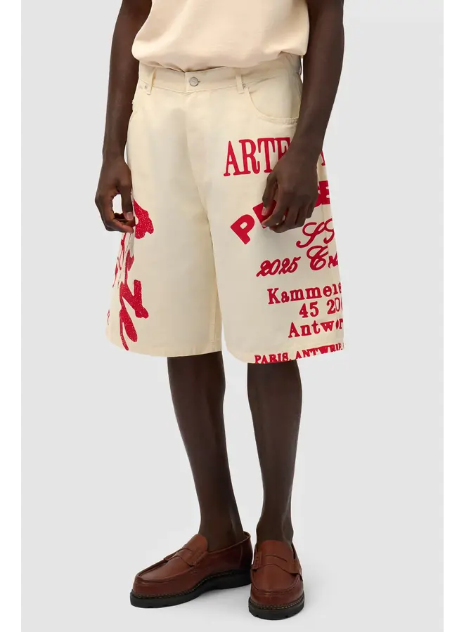 Red Print Shorts - Cream