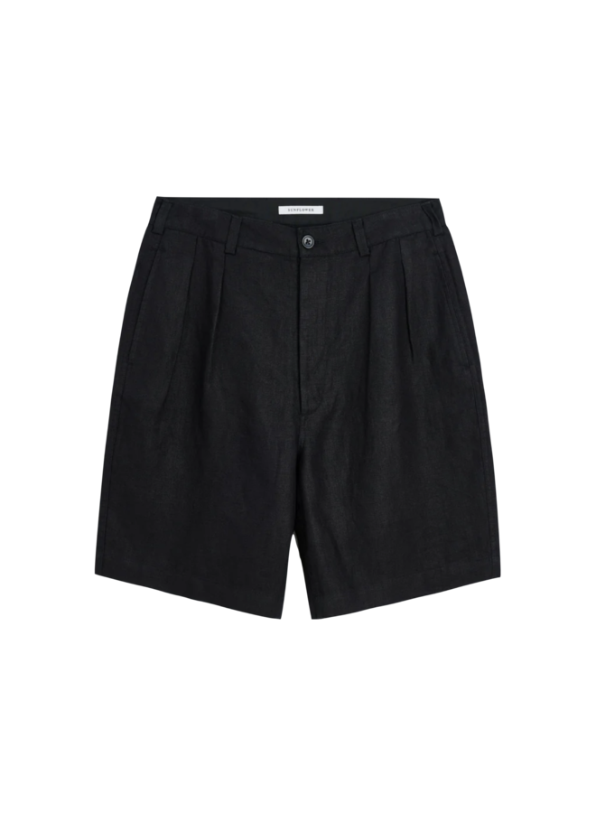 Pleated Linen Short - . Black