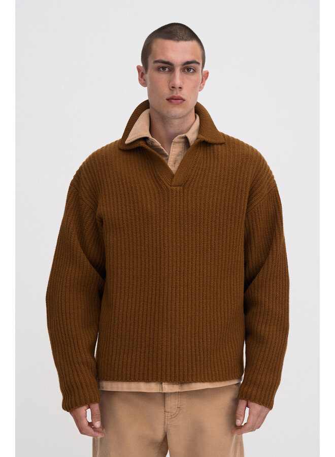 Chunky Ribbed Wool Polo - Copper Brown