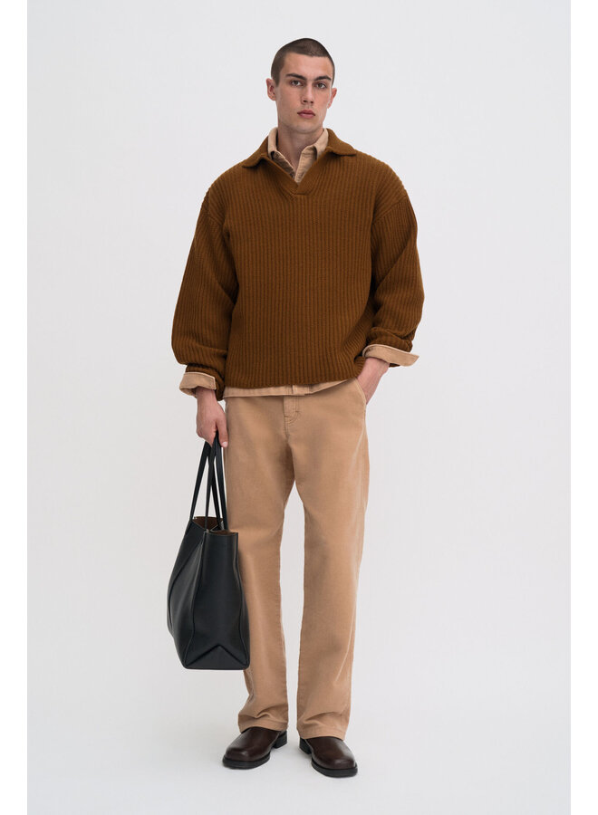 Chunky Ribbed Wool Polo - Copper Brown