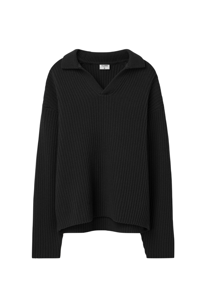 Chunky Ribbed Wool Polo - Black