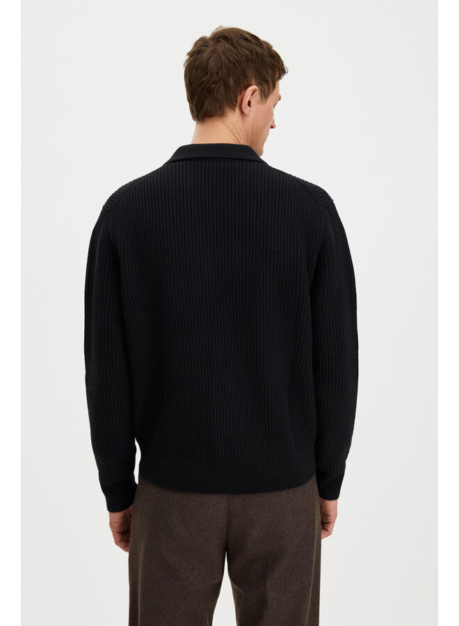 Ribbed Wool Zip Cardigan - Black