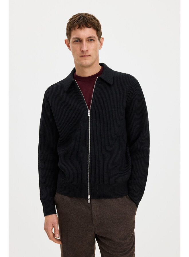 Ribbed Wool Zip Cardigan - Black