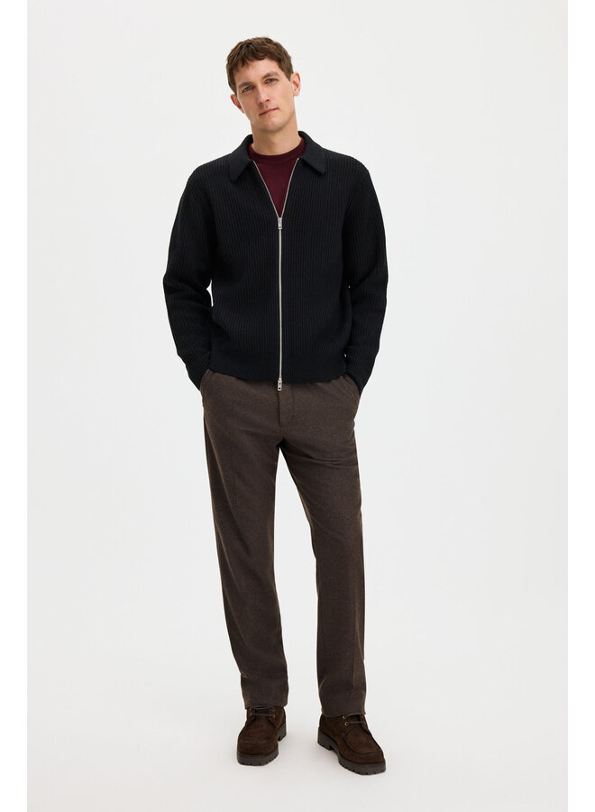 Ribbed Wool Zip Cardigan - Black