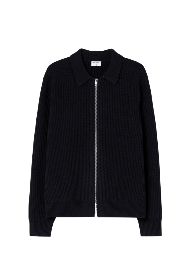 Ribbed Wool Zip Cardigan - Black
