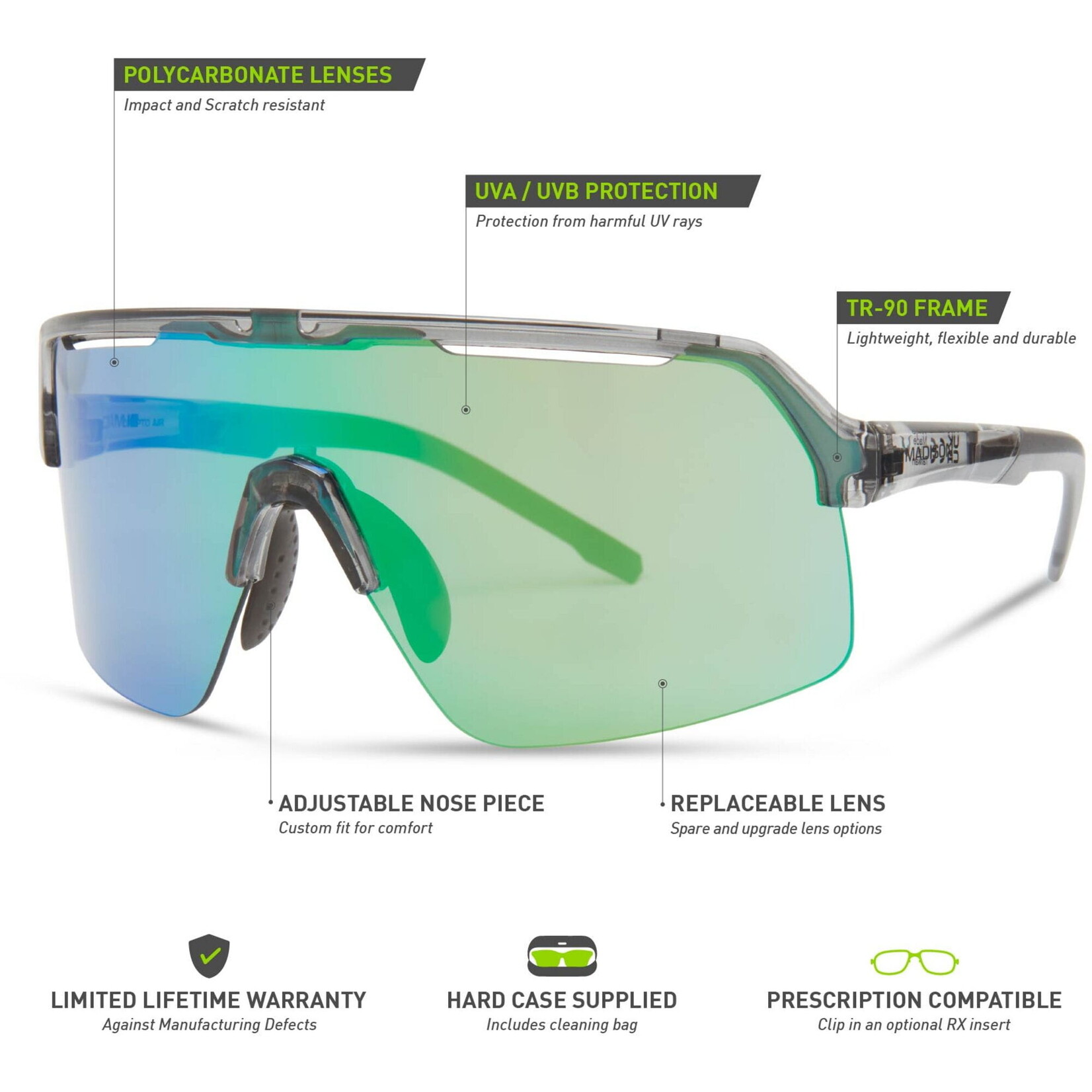 madison Crypto Air Crystal Smoke Sunglasses - Green Mirror Lens