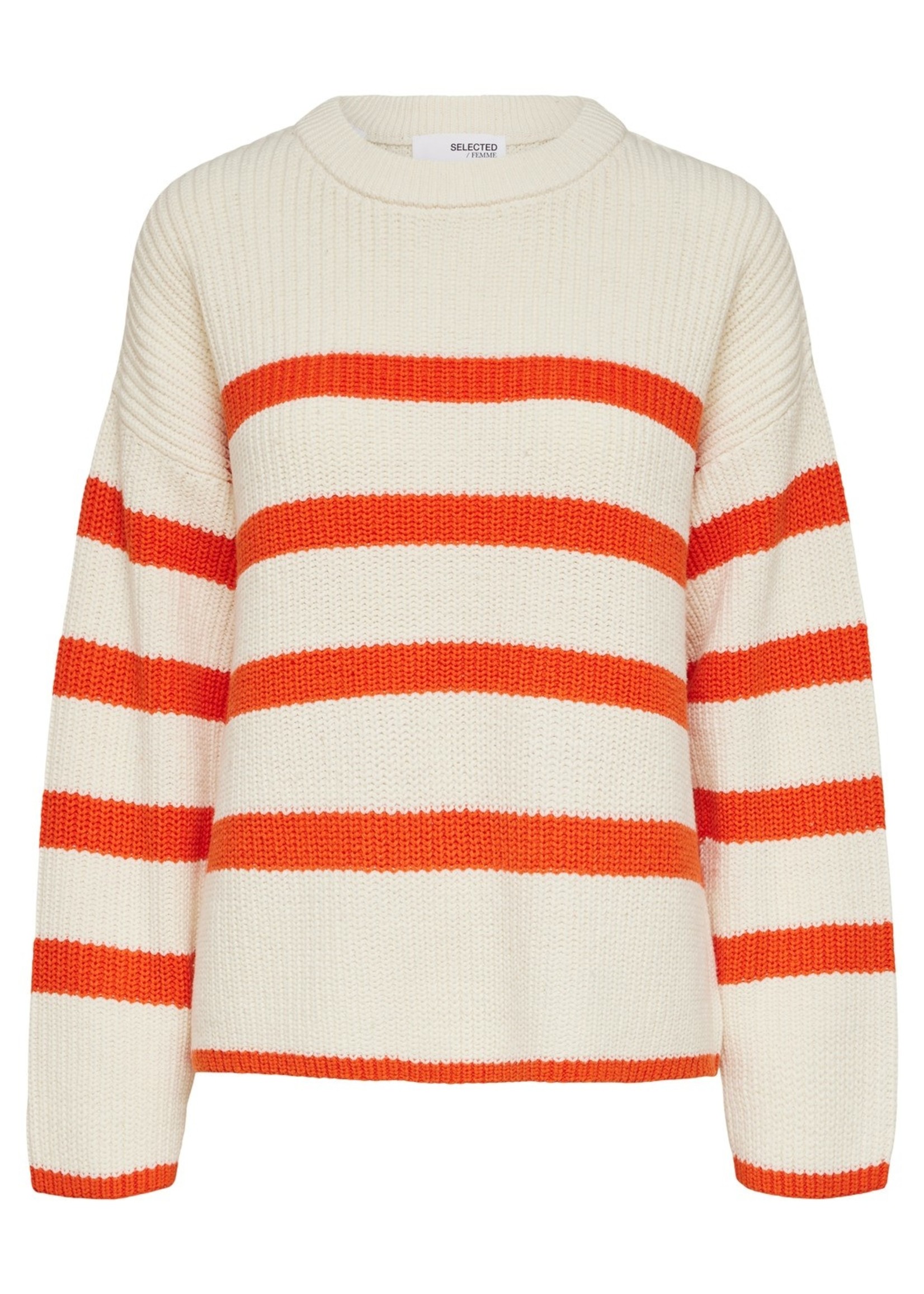 Selected Femme SLFBLOOMIE KNIT O-NECK SHOW WHITE/ORANGE