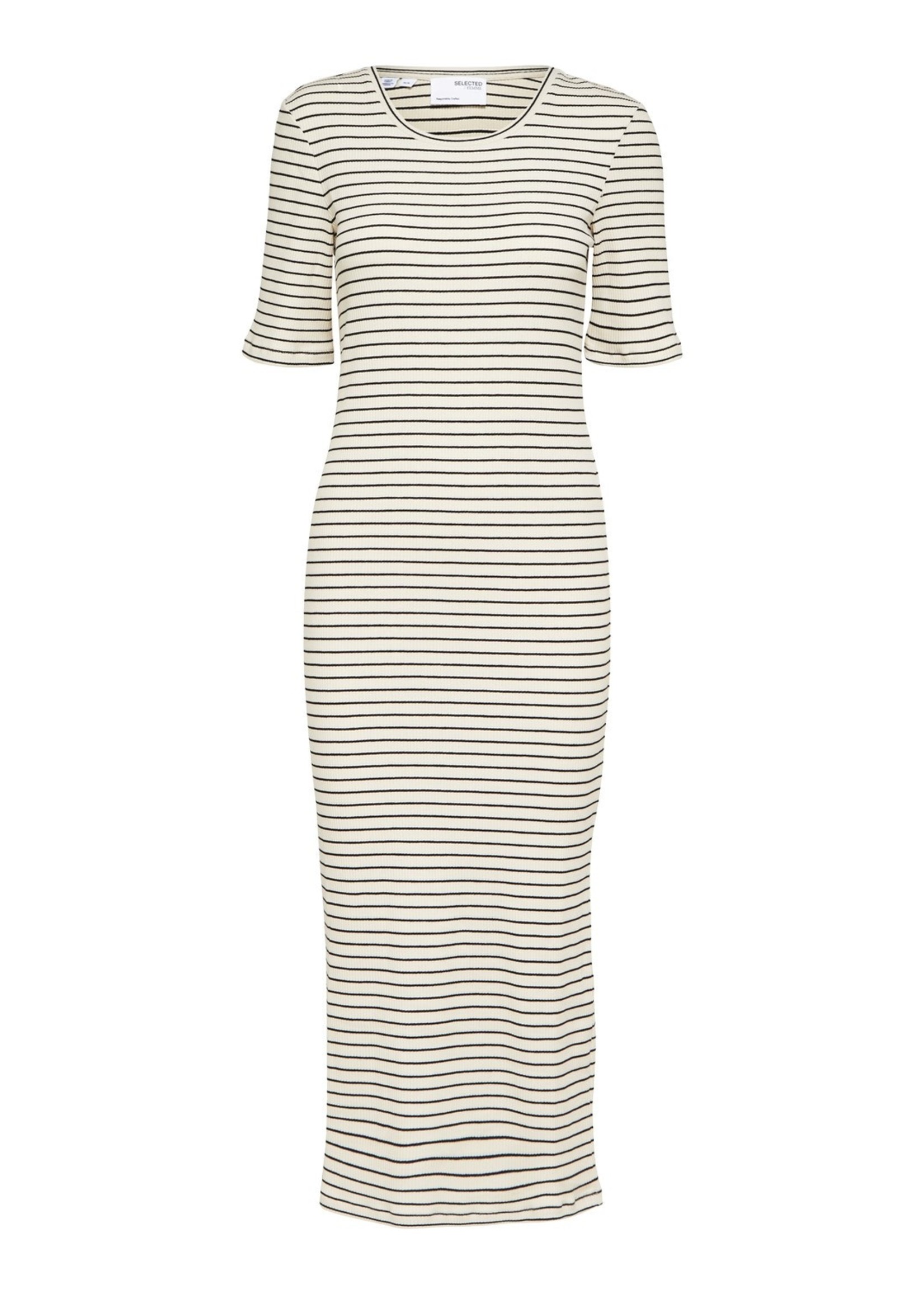 Selected Femme SLFTAMARA 2/4 MIDI STRIPED DRESS SANDSHELL/BLACK