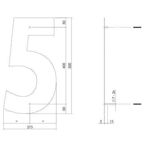 Intersteel Huisnummer 5 XXL hoogte 50 cm RVS/mat zwart Intersteel Huisnummer 5 XXL hoogte 50 cm RVS/mat zwart