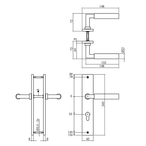 Intersteel Deurklink Bau-Stil op schild messing titaan PVD met profielcilindergat 55mm Intersteel Deurklink Bau-Stil op schild messing titaan PVD met profielcilindergat 55mm