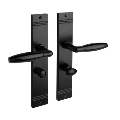 De Oude Deurklink Geveerde retro deurklink mat zwart op schild met wc slot 63/8 mm | De Oude Deurklink jaren 30 deurbeslag De Oude Deurklink Geveerde retro deurklink mat zwart op schild met wc slot 63/8 mm | De Oude Deurklink jaren 30 deurbeslag