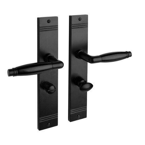 De Oude Deurklink Geveerde retro deurklink mat zwart op schild met wc slot 63/8 mm | De Oude Deurklink jaren 30 deurbeslag De Oude Deurklink Geveerde retro deurklink mat zwart op schild met wc slot 63/8 mm | De Oude Deurklink jaren 30 deurbeslag