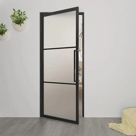 Loftdeur Stalen scharnierdeur met mat glas en deurgreep Loftdeur Stalen scharnierdeur met mat glas en deurgreep