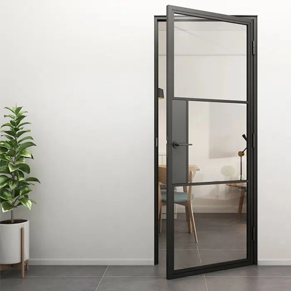 Loftdeur Stalen scharnierdeur helder glas met zwarte deurklink Loftdeur Stalen scharnierdeur helder glas met zwarte deurklink