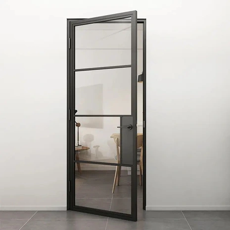 Loftdeur Stalen scharnierdeur helder glas met zwarte deurklink Loftdeur Stalen scharnierdeur helder glas met zwarte deurklink