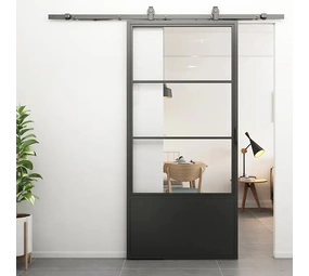 Loftdeur Stalen schuifdeur 3-vaks kickplate helder glas met schuifdeursysteem Loftdeur Stalen schuifdeur 3-vaks kickplate helder glas met schuifdeursysteem