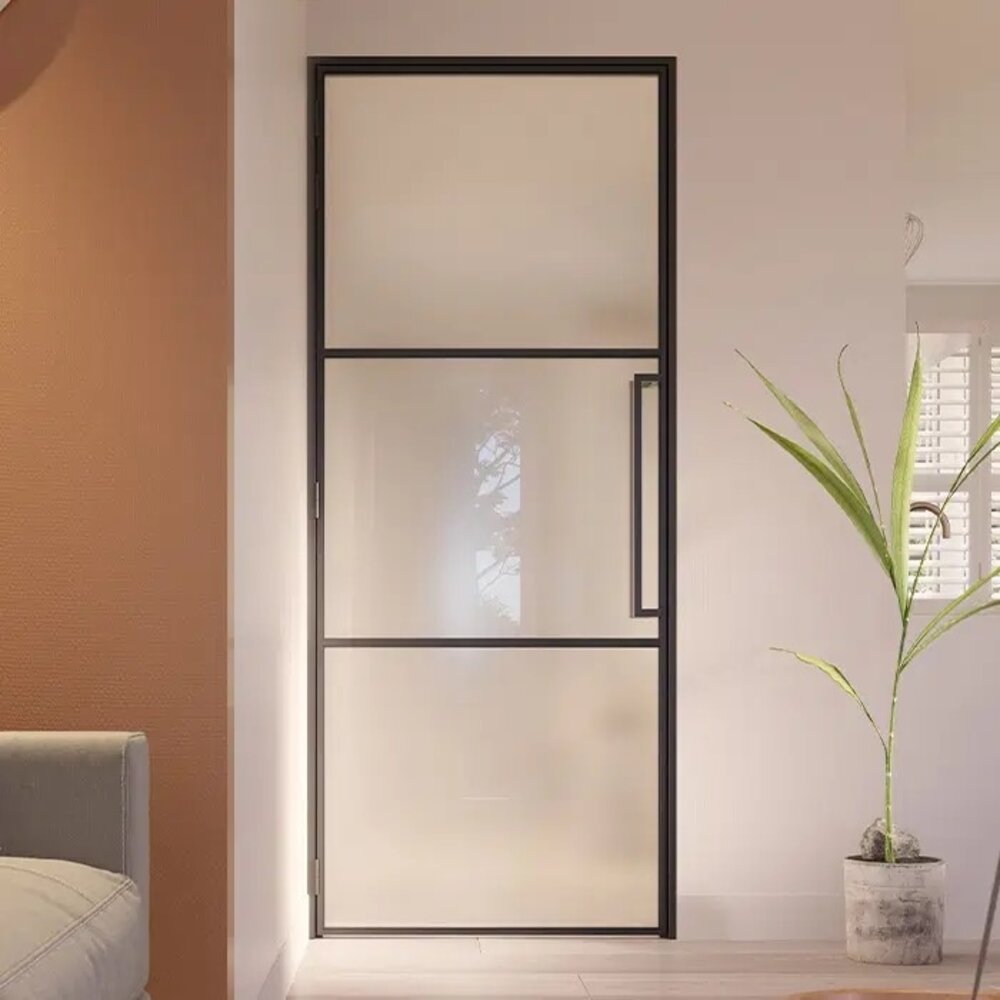 Loftdeur Stalen scharnierdeur Slimline 3-vaks met mat glas en magneetsluiting Loftdeur Stalen scharnierdeur Slimline 3-vaks met mat glas en magneetsluiting