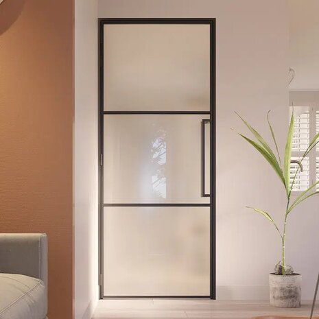 Loftdeur Stalen scharnierdeur Slimline 3-vaks met mat glas en magneetsluiting Loftdeur Stalen scharnierdeur Slimline 3-vaks met mat glas en magneetsluiting