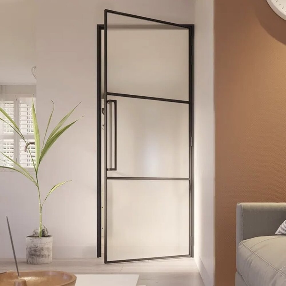 Loftdeur Stalen scharnierdeur Slimline 3-vaks met mat glas en magneetsluiting Loftdeur Stalen scharnierdeur Slimline 3-vaks met mat glas en magneetsluiting