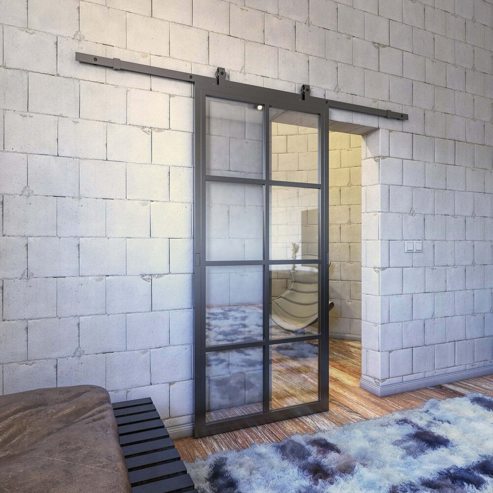 Loftdeur Stalen schuifdeur 8-vaks met helder glas Incl. schuifdeursysteem