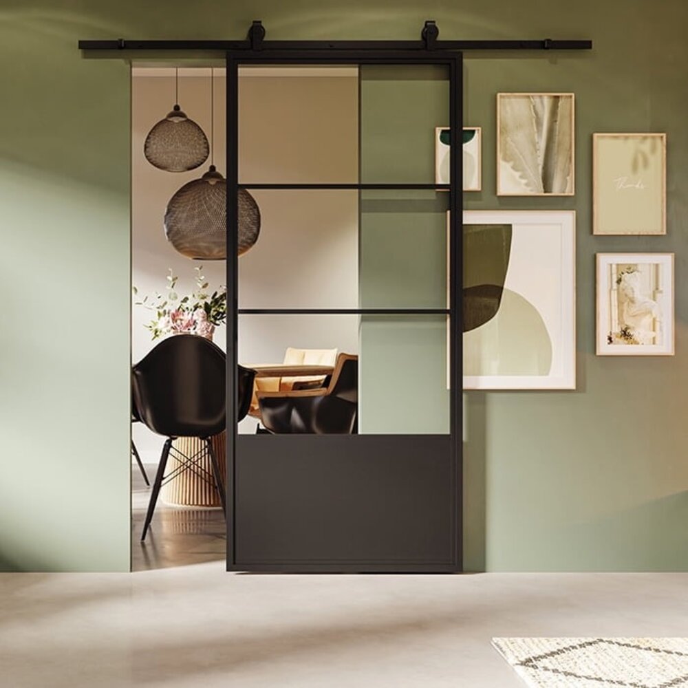 Loftdeur Stalen schuifdeur 3-vaks met kickplate helder glas Incl. schuifdeursysteem Loftdeur Stalen schuifdeur 3-vaks met kickplate helder glas Incl. schuifdeursysteem