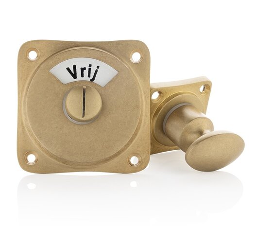 De Oude Deurklink WC Slot Draaiknop met vrij-bezet plaat messing getrommeld De Oude Deurklink WC Slot Draaiknop met vrij-bezet plaat messing getrommeld