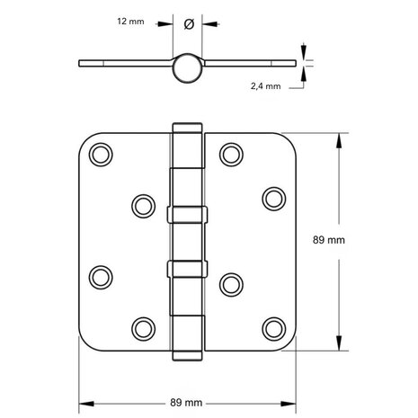 Intersteel Kogellagerscharnier ronde hoeken 89x89mm RVS zwart tot 70 kilo | De Oude Deurklink jaren 30 deurbeslag
