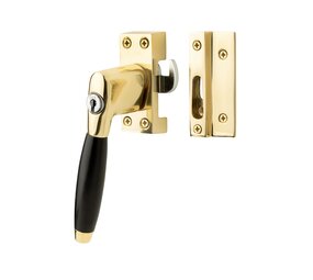 De Oude Deurklink Klassieke raamsluiting met slot, links, messing gelakt De Oude Deurklink Klassieke raamsluiting met slot, links, messing gelakt