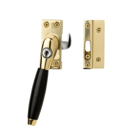De Oude Deurklink Klassieke raamsluiting met slot, links, messing gelakt De Oude Deurklink Klassieke raamsluiting met slot, links, messing gelakt