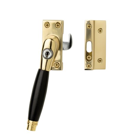 De Oude Deurklink Klassieke raamsluiting met slot, links, messing gelakt De Oude Deurklink Klassieke raamsluiting met slot, links, messing gelakt